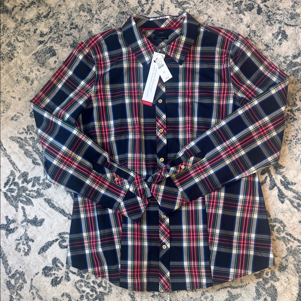 NWTs Talbots Size 10 No-Iron Tartan Plaid Blouse